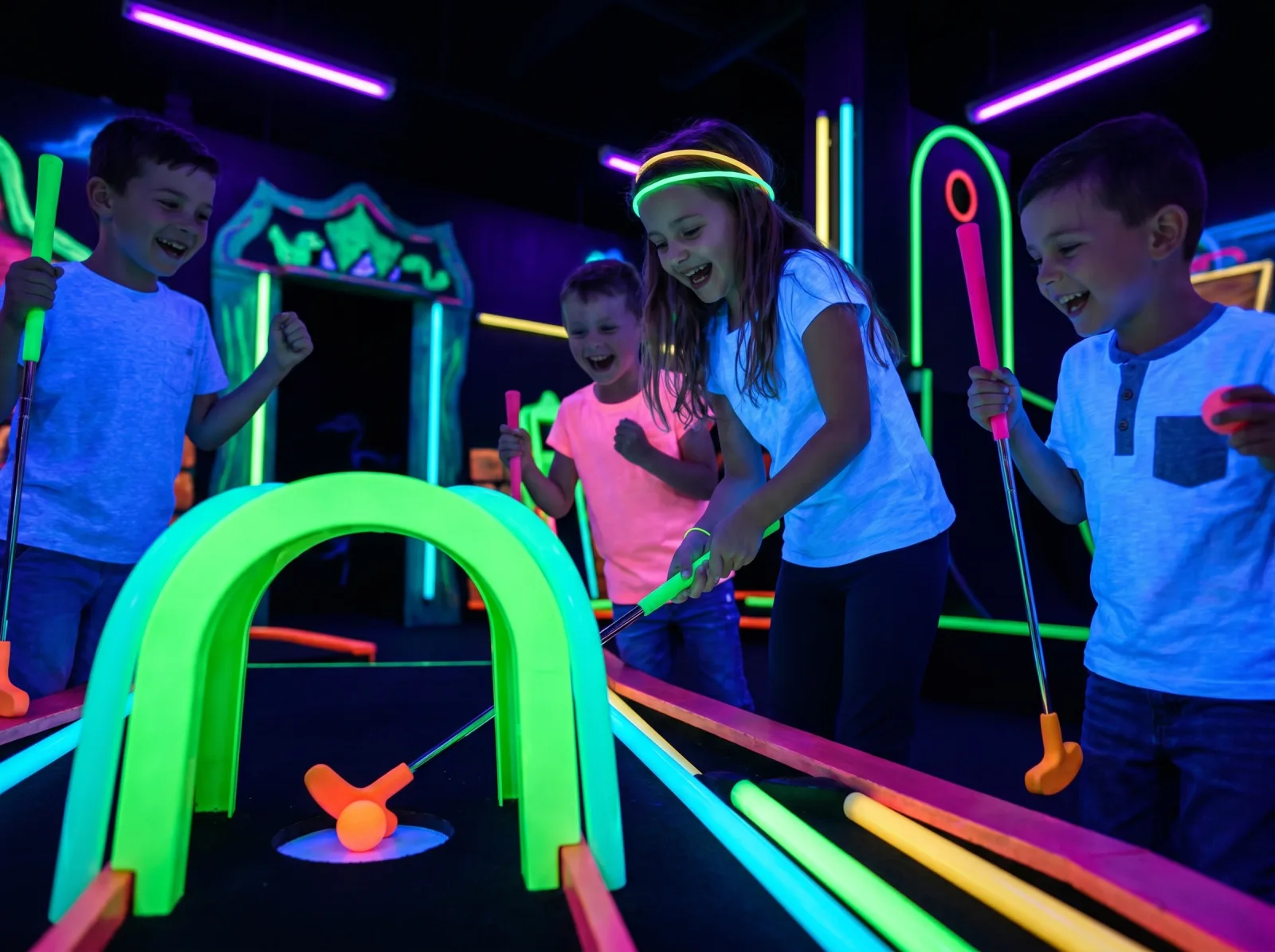 Enfants jouant au mini-golf fluo